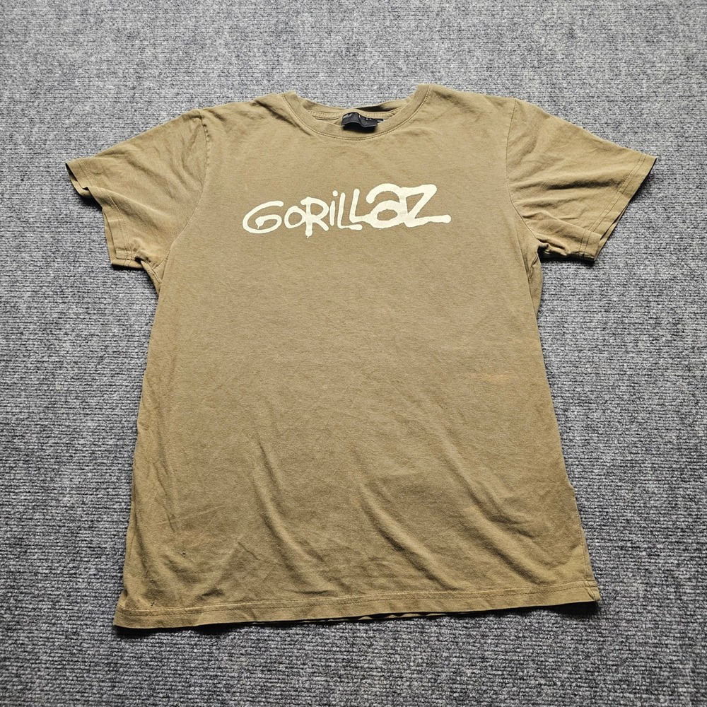 Gorillaz Band T-Shirt Mens Medium Olive Green Khaki Graphic Logo Distressed